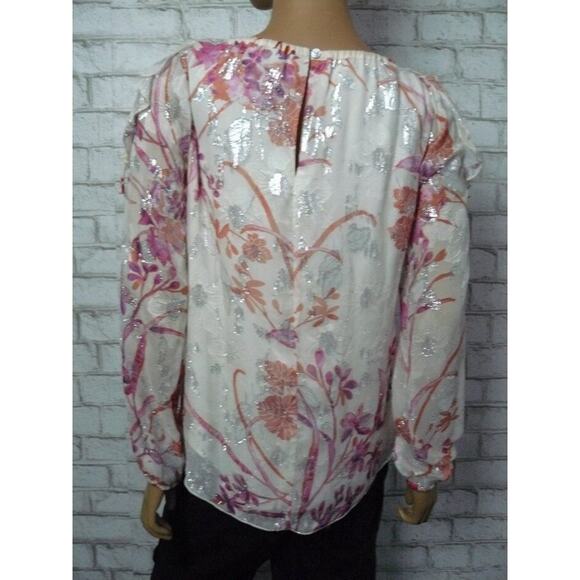 Hale Bob Pink Cream Floral Lurex Cold Shoulder Ruffle Blouse Small NEW - Picture 7 of 8